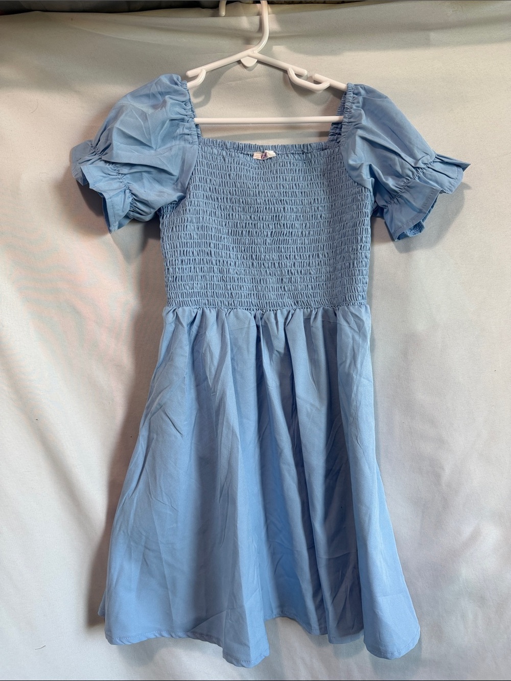 Girls Light Blue Puff-Sleeve Smocked Dress